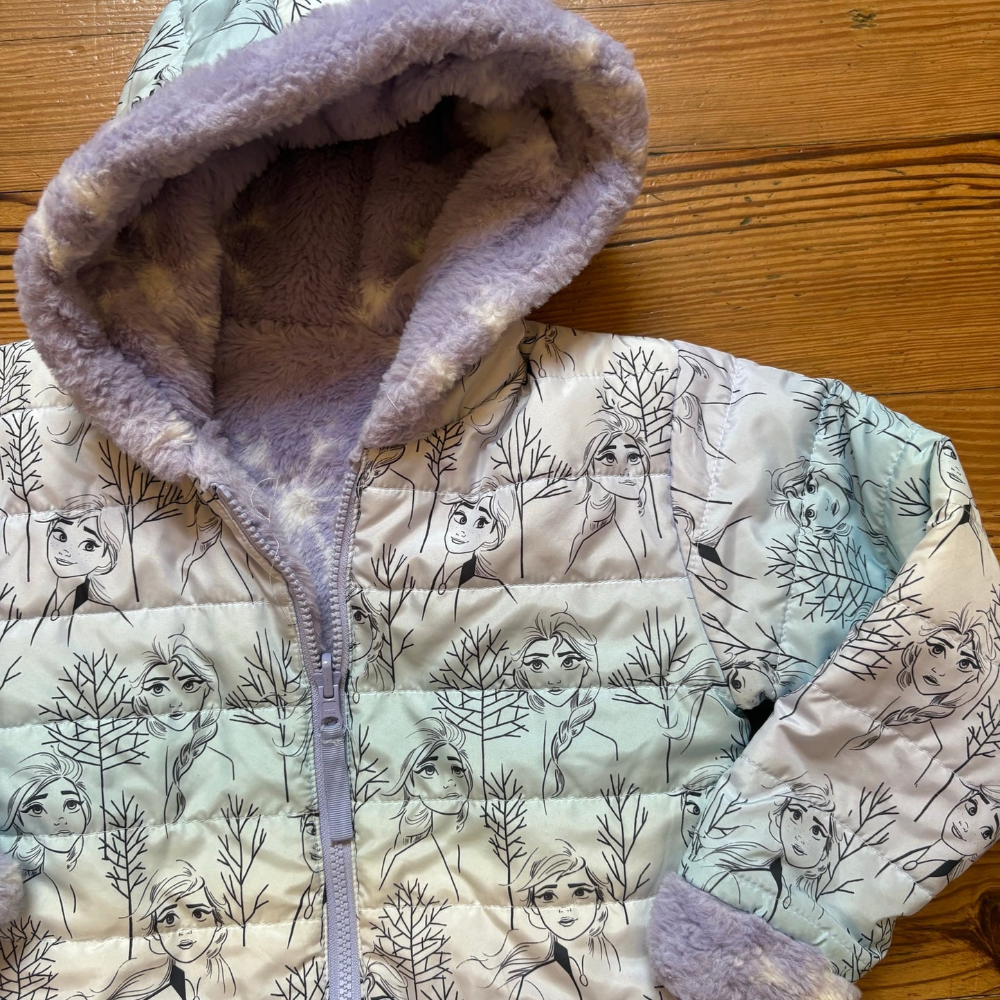 Disney frozen blue pink reversible puffer fleece lined girls coat SIZE 6