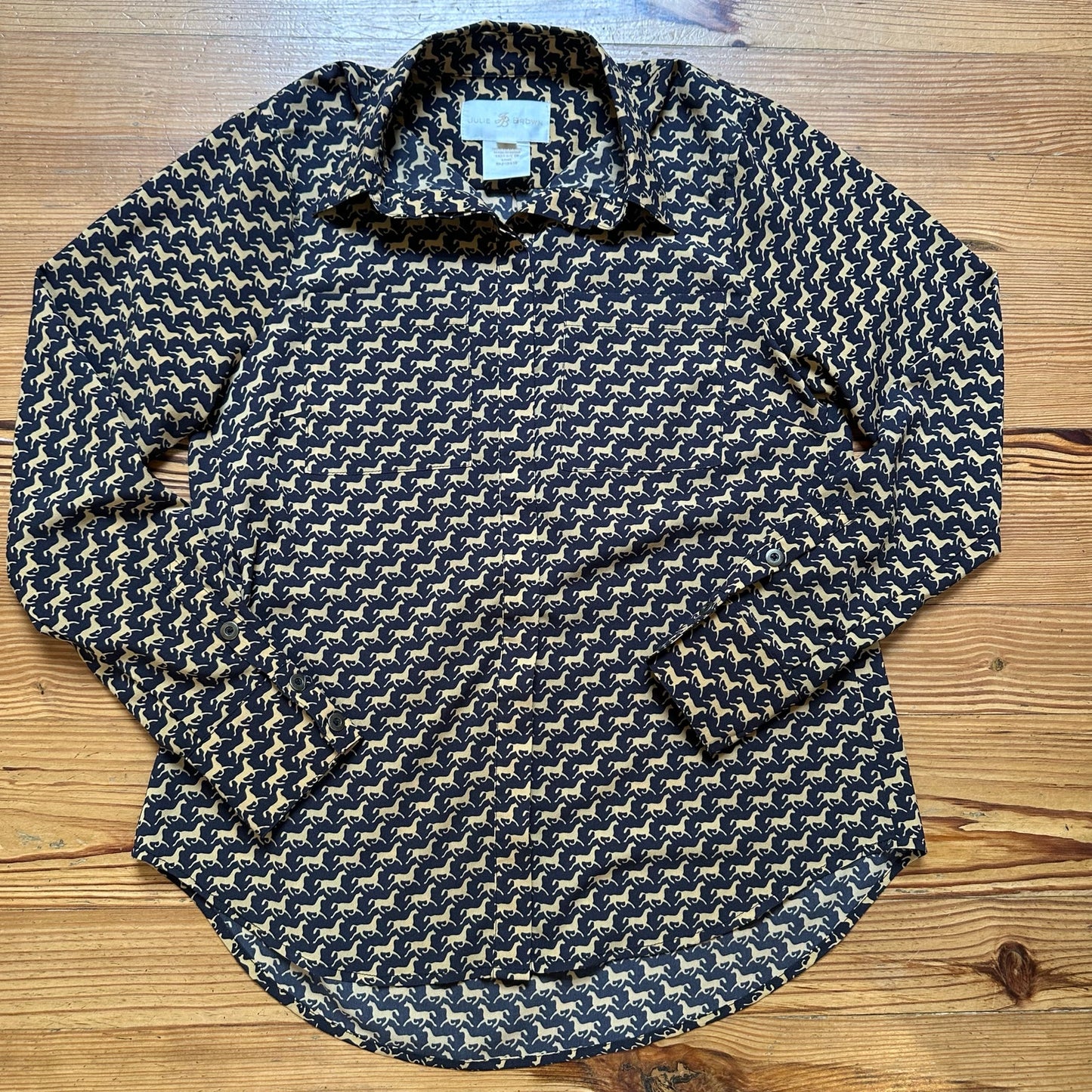 Julie Brown black with cream horse pattern, long sleeve button up shirt SIZE 6