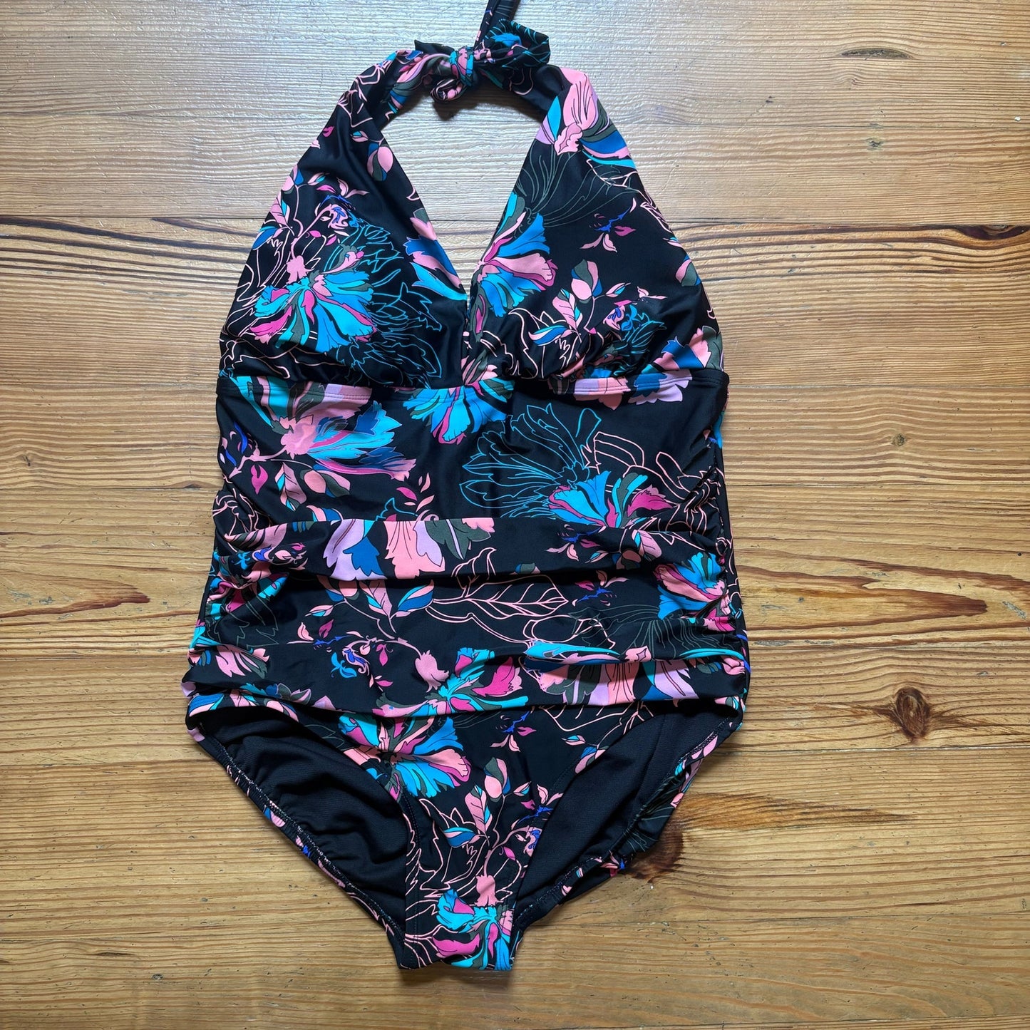 Time and Tru black neon floral padded halter top maternity one piece SIZE XL