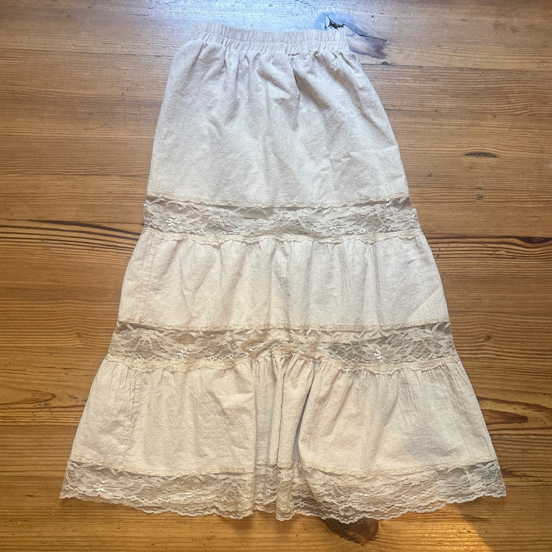 Shein beige boho tiered lace accent elastic waist midi skirt SIZE L