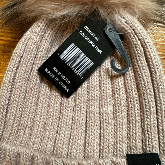C.C. Couture beige indi pink angora fur pom pom beanie hat OS