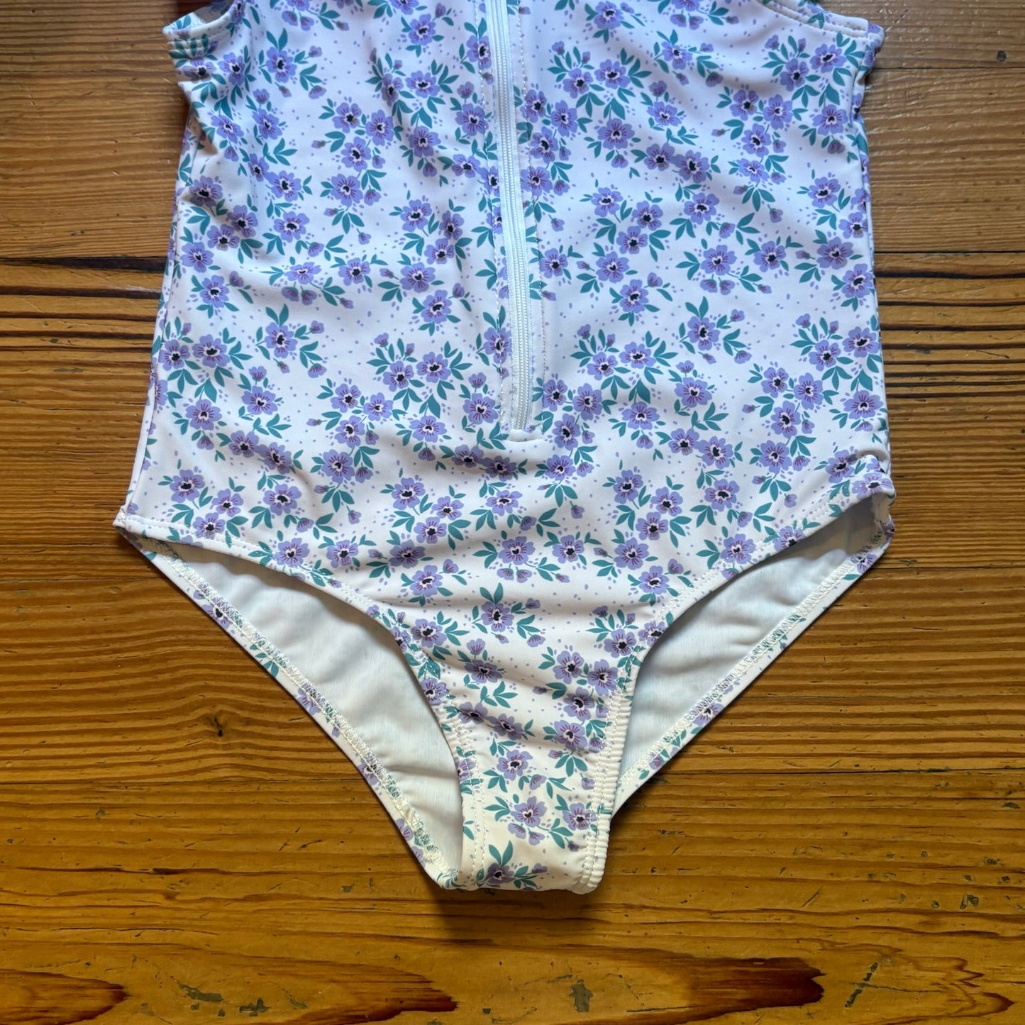 Shein white purple floral ruffle sleeve collar zip front swimsuit SIZE 7