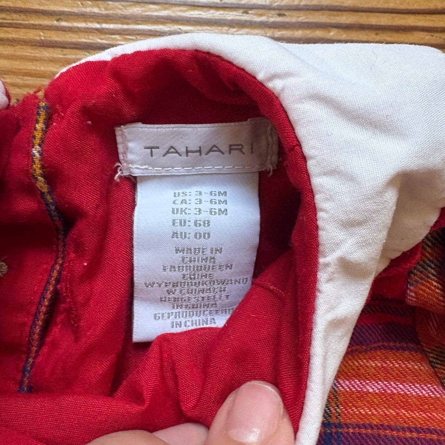 Tahari red plaid apple embroidered collar long sleeve baby dress SIZE 3-6M
