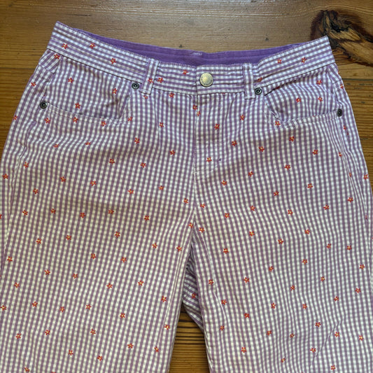 Liz Claiborne purple check gingham floral embroidered cropped pants SIZE 8