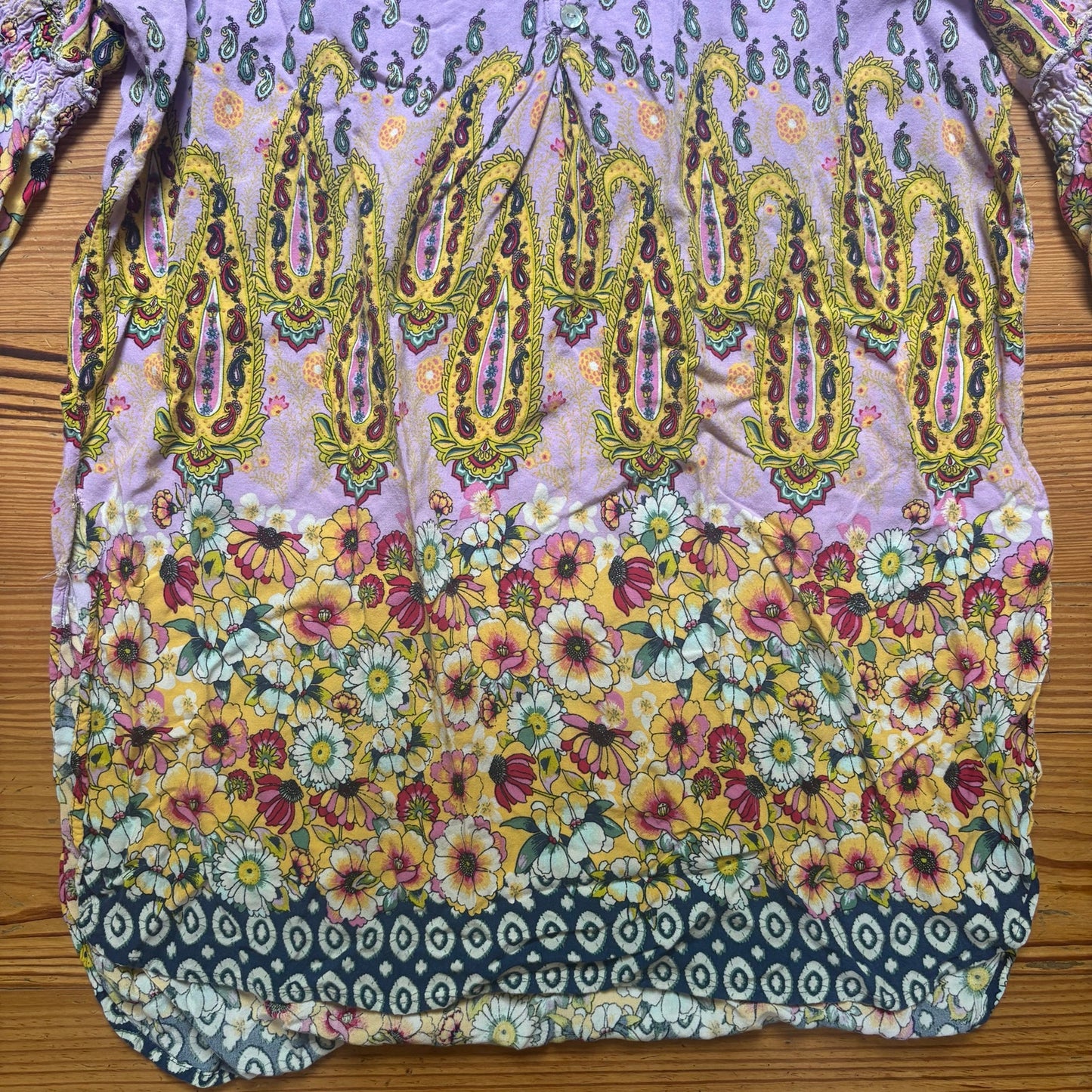 Fig and Flower purple yellow floral quarter sleeve tunic shirt SIZE XL