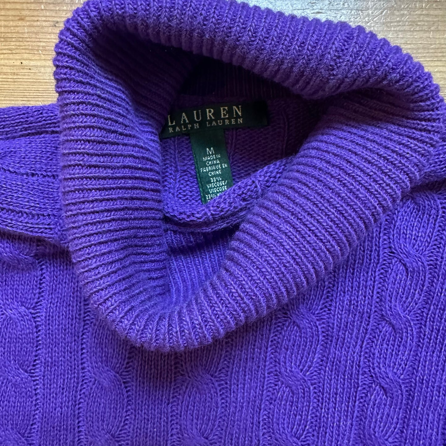 Ralph Lauren purple wool blend cable oversized quarter sleeve sweater SIZE M