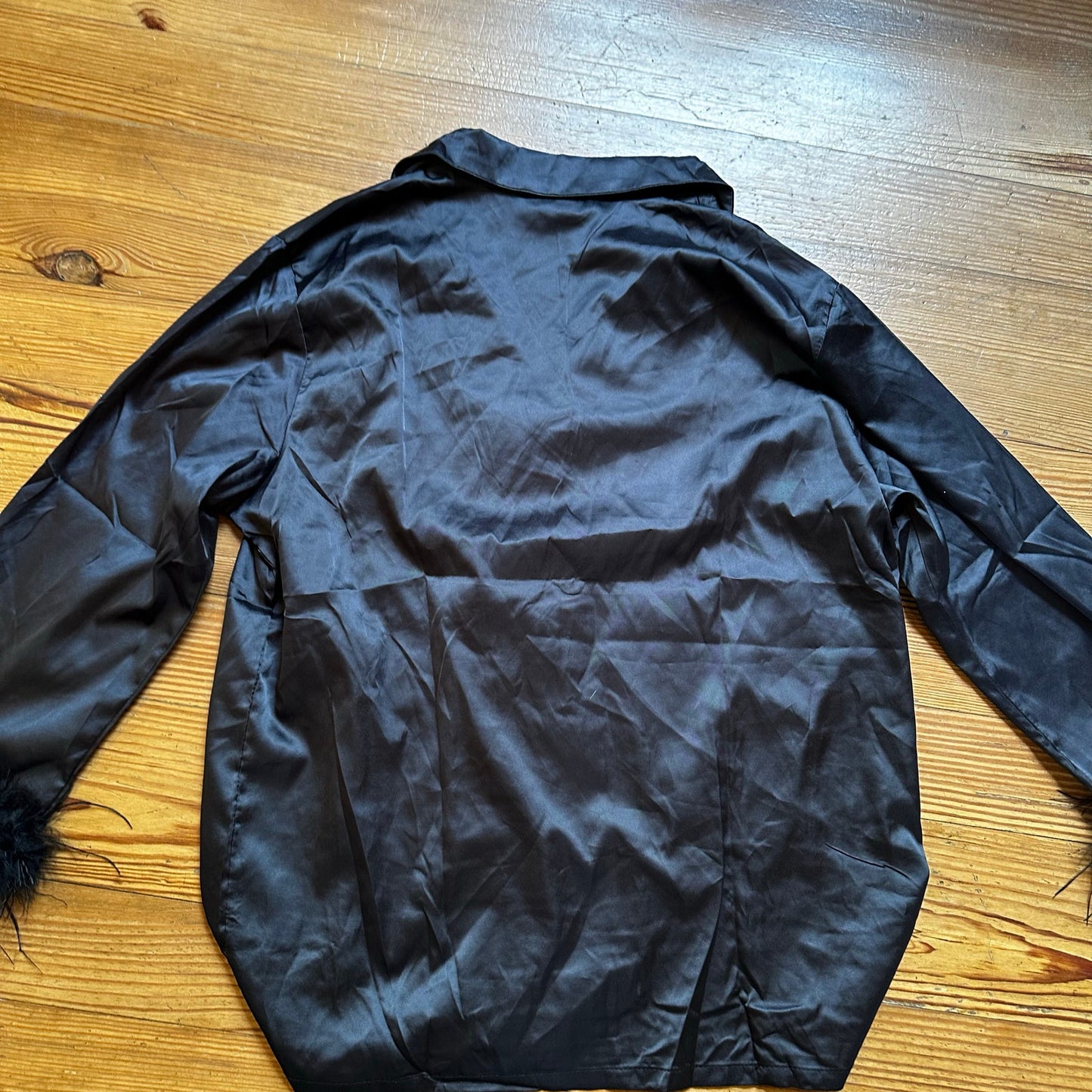 Shein black silk like collar button up feather cuff sleep shirt SIZE M