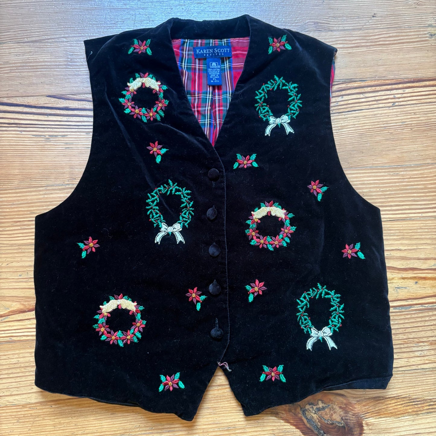 Karen Scott black velvet Christmas holiday embroidered button vest SIZE L