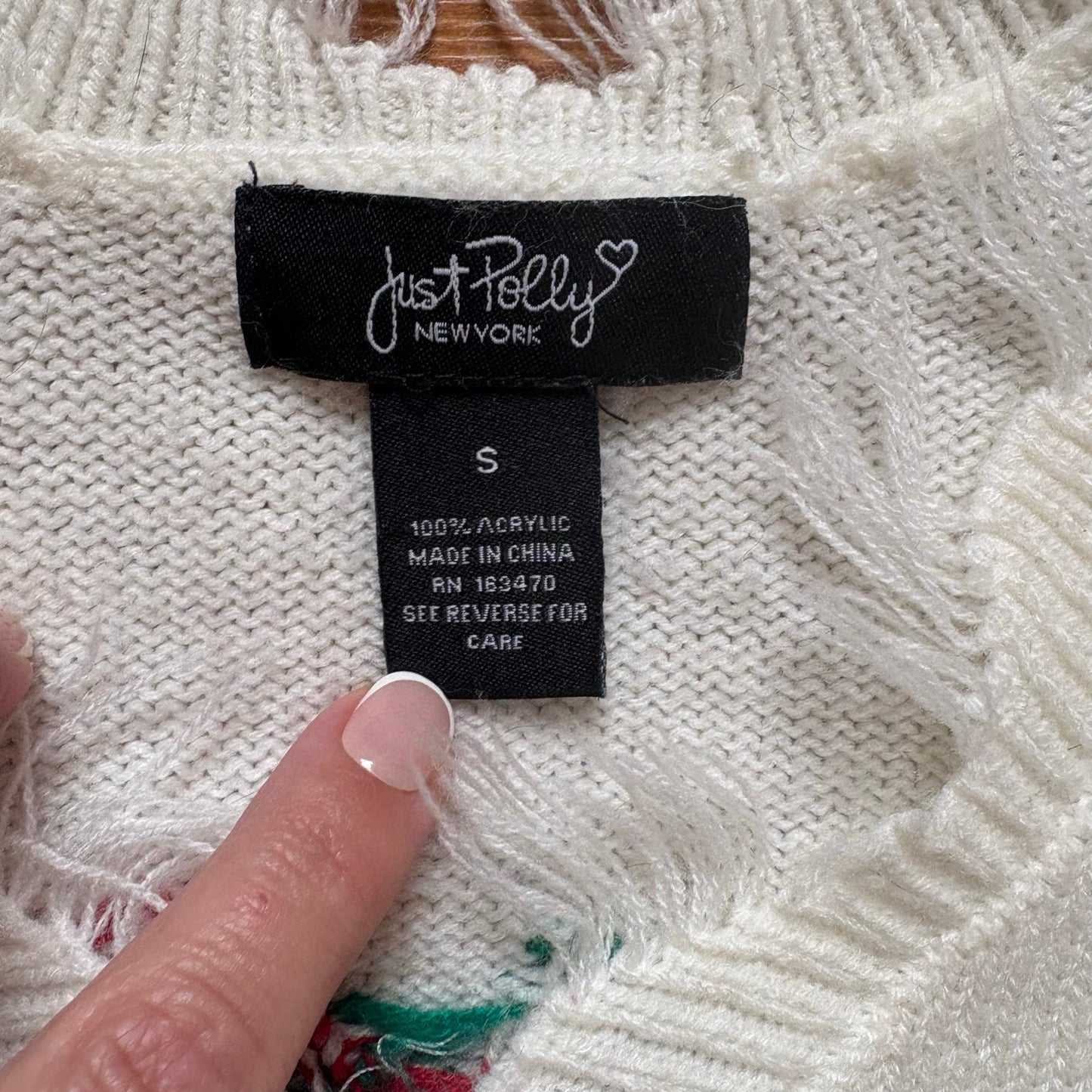 Just Polly white cherry distressed cropped v neckline sweater SIZE S