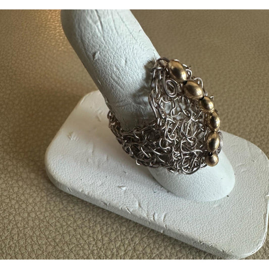 Crochet Fine Silver Wire Ring with Gold Beads Ring Size 7