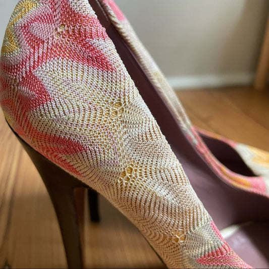 Missoni multicolor knit textile peep toe heeled platform pumps SIZE 38