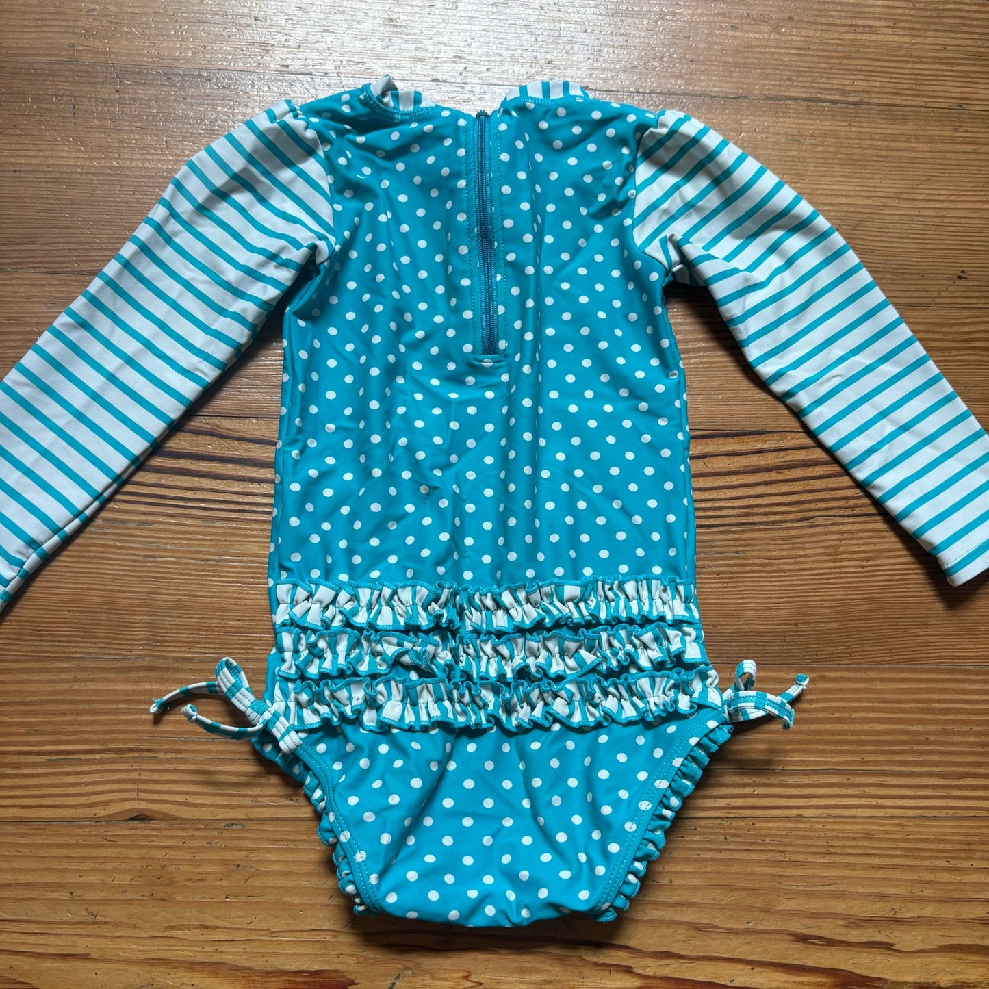 Ruffle Butts blue white polka dot striped long sleeve rashguard swimsuit SIZE 3T