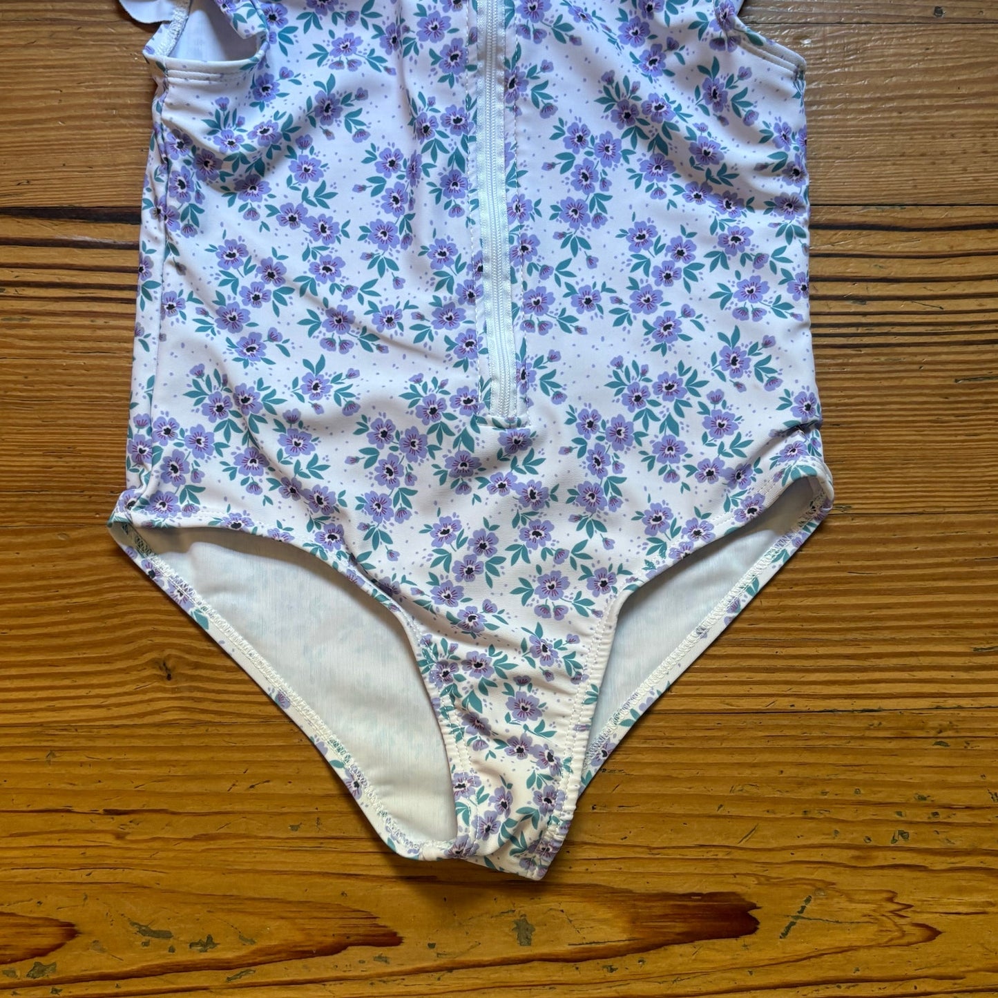 Shein white purple floral ruffle sleeve collar zip front swimsuit SIZE 6