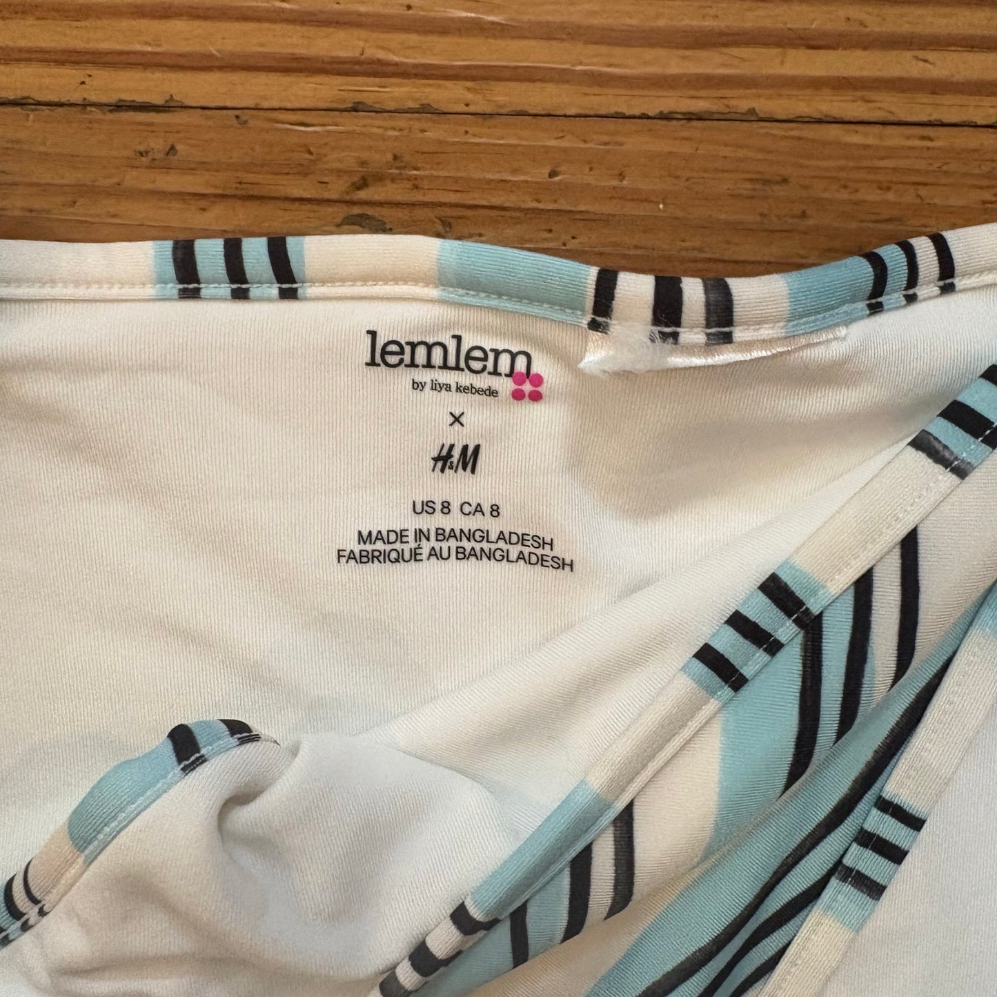H&M blue black white striped smocked tie top bikini swimsuit SIZE M
