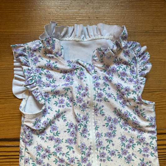 Shein white purple floral ruffle sleeve collar zip front swimsuit SIZE 6