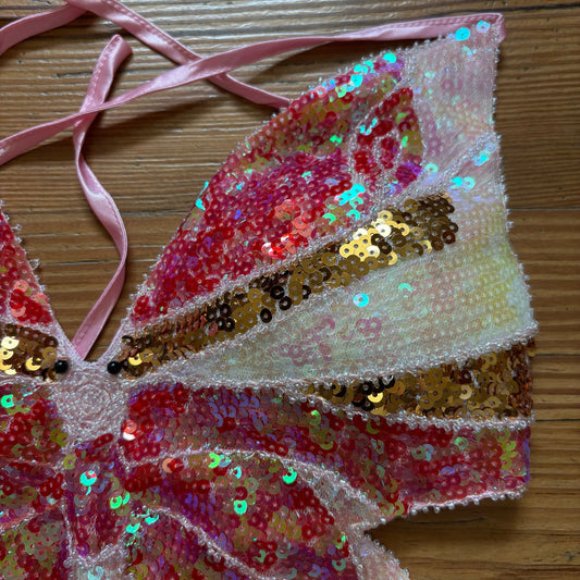 Shein pink blue sequin butterfly open tie back top SIZE S
