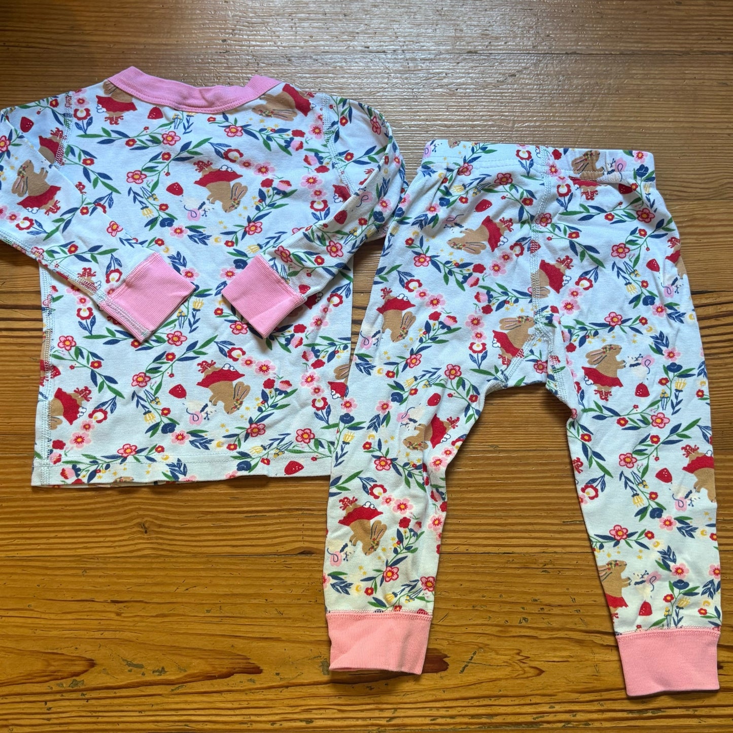 Hanna Andersson blue floral bunny pink trim pajama set SIZE 18-24M
