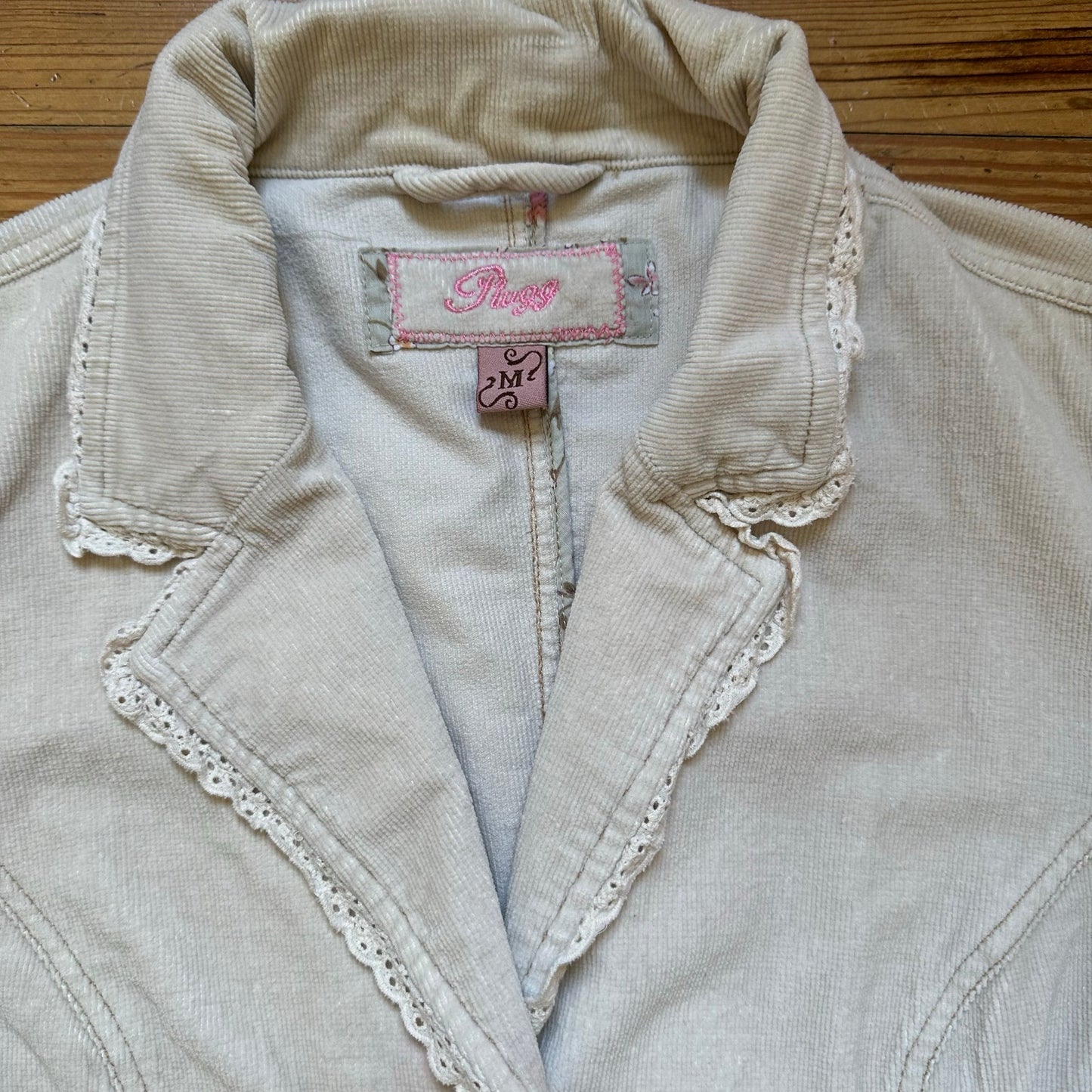 Plugg y2k cream corduroy lace trim bow pockets button blazer SIZE M