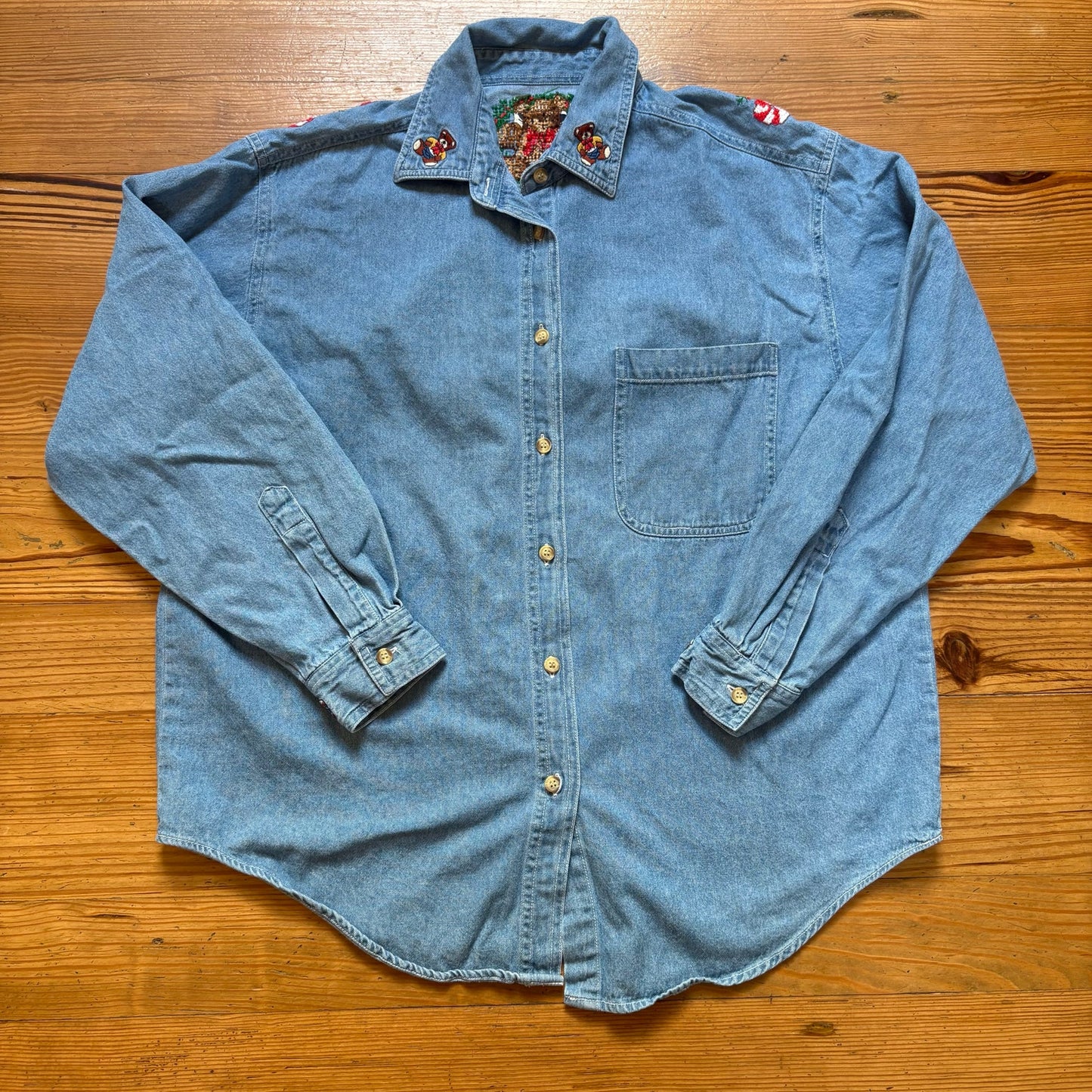 Vintage long sleeve cotton jean Christmas embroidery needlepoint shirt SIZE L