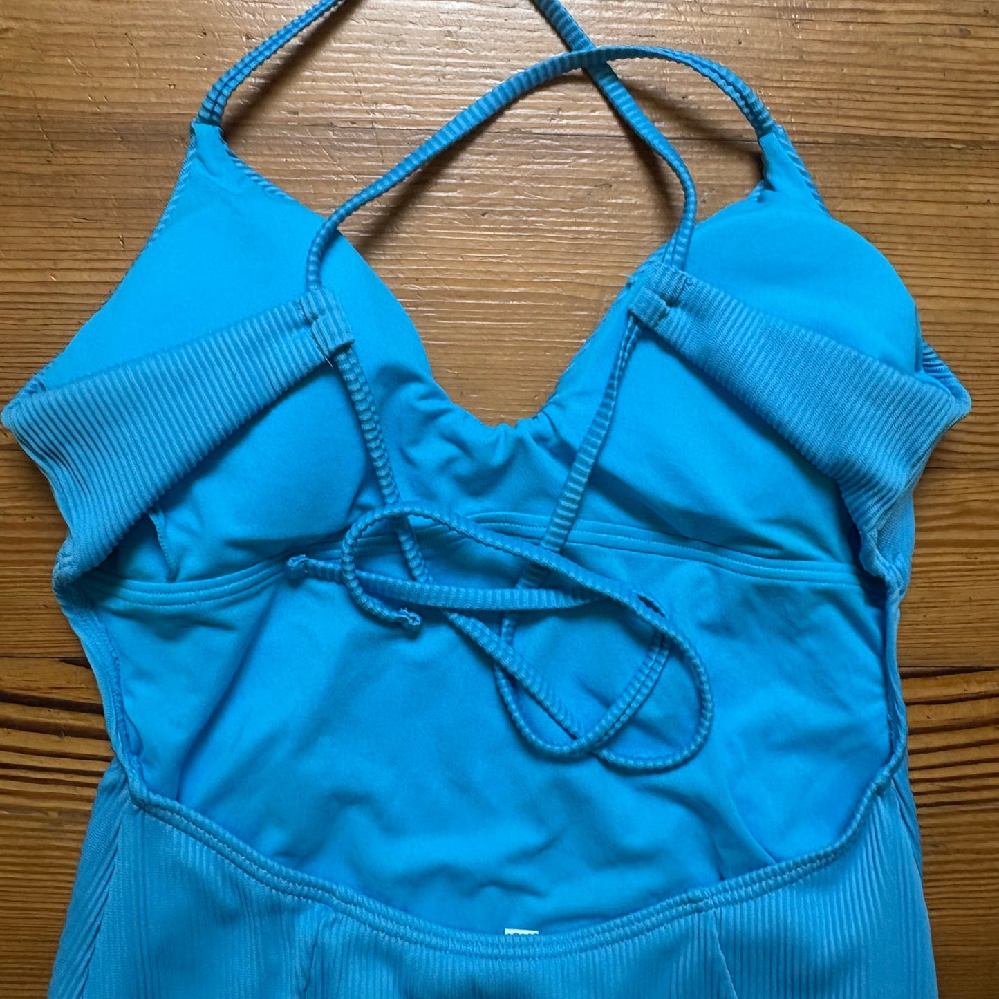 SO aqua blue ribbed lace open back moderate coverage one piece swimsuit SIZE L