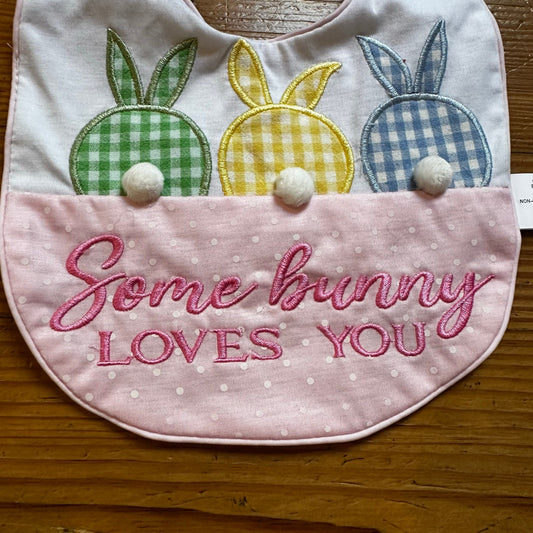 Bunny spring white pink checkered embroidered bib