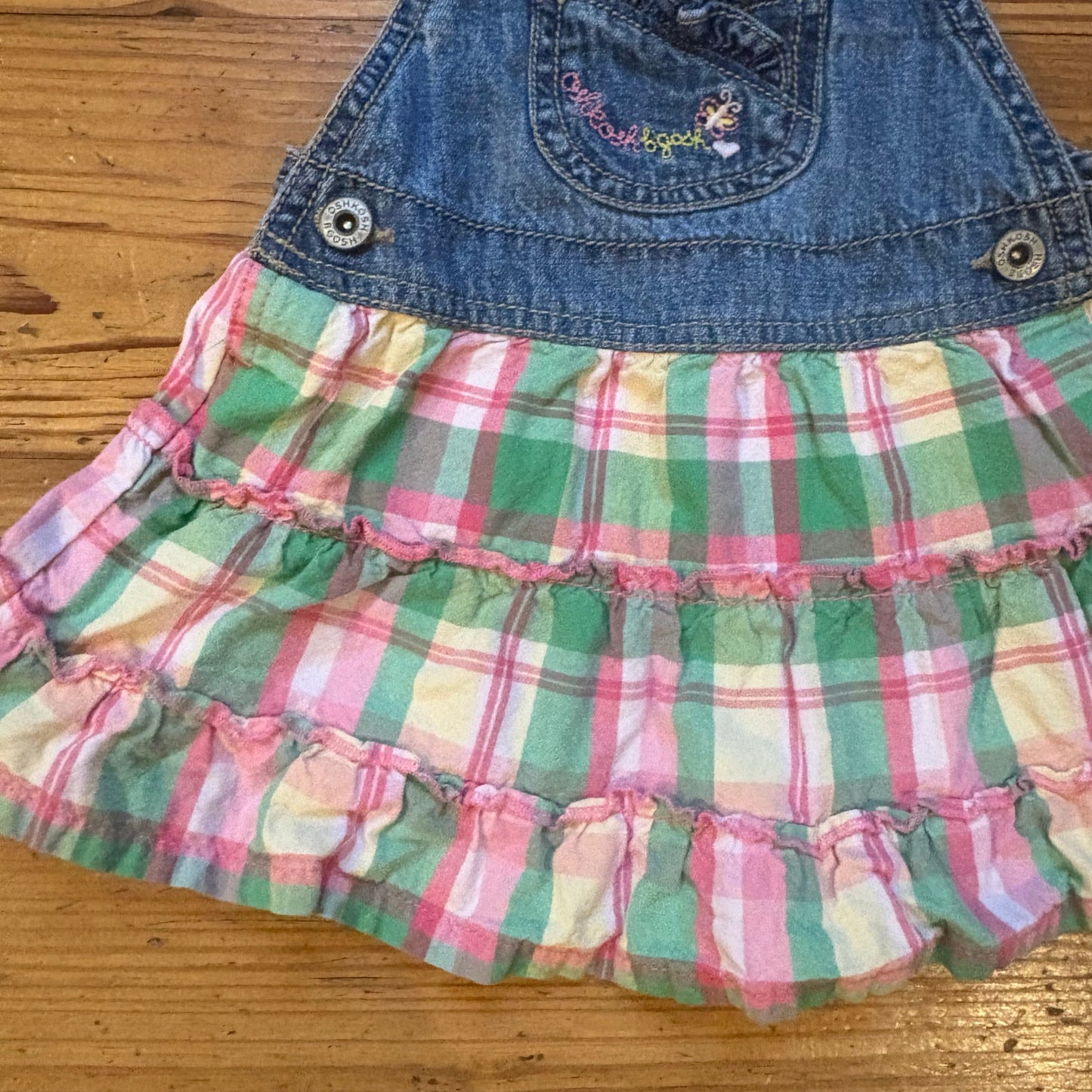 OshKosh B'gosh 90s blue jean pink green plaid baby overall ruffle skirt SIZE 12M