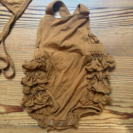 Kate Quinn bamboo brown ruffle bottom overall bubble with bonnet SIZE 3-6M