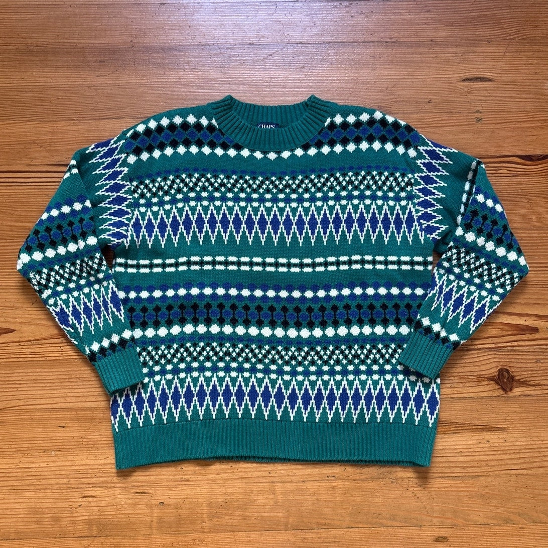 Chaps Fair Isle green blue knit pullover crew womens sweater SIZE 1X