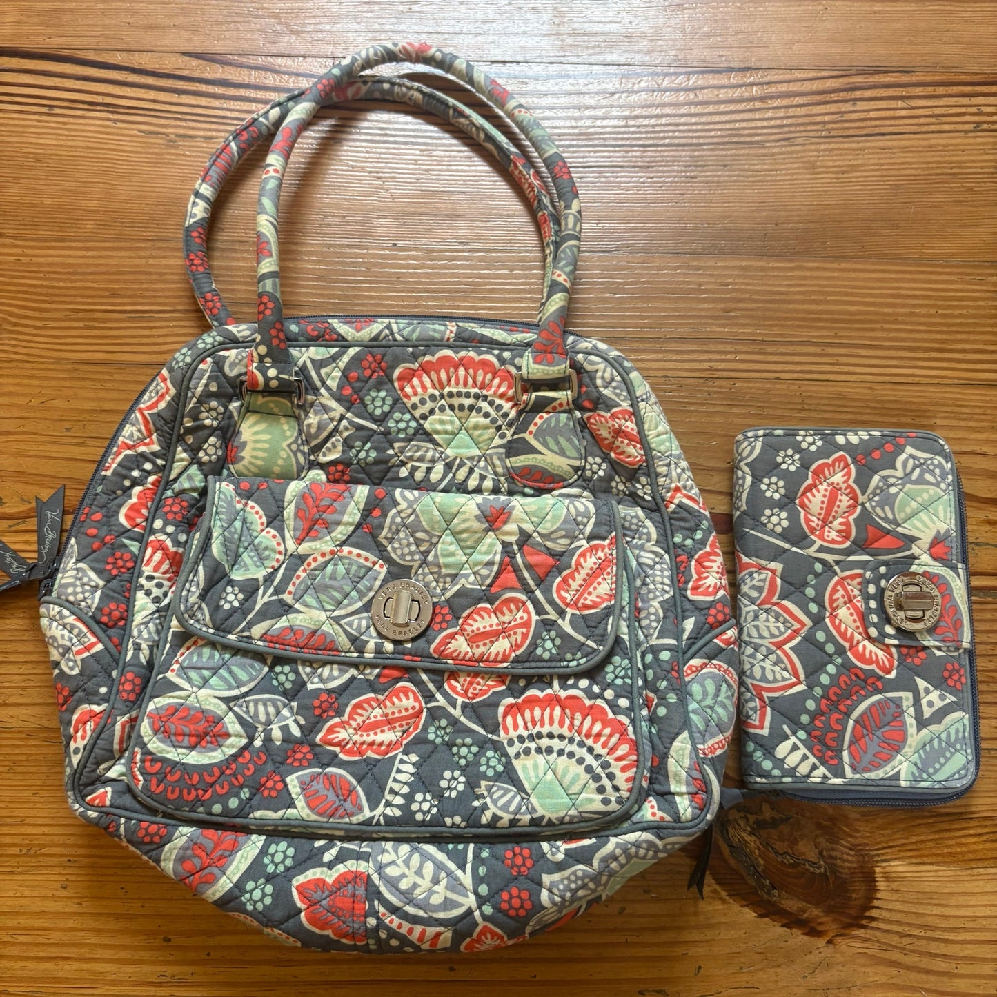 Vera Bradley gray pink floral paisley shoulder bag wallet set