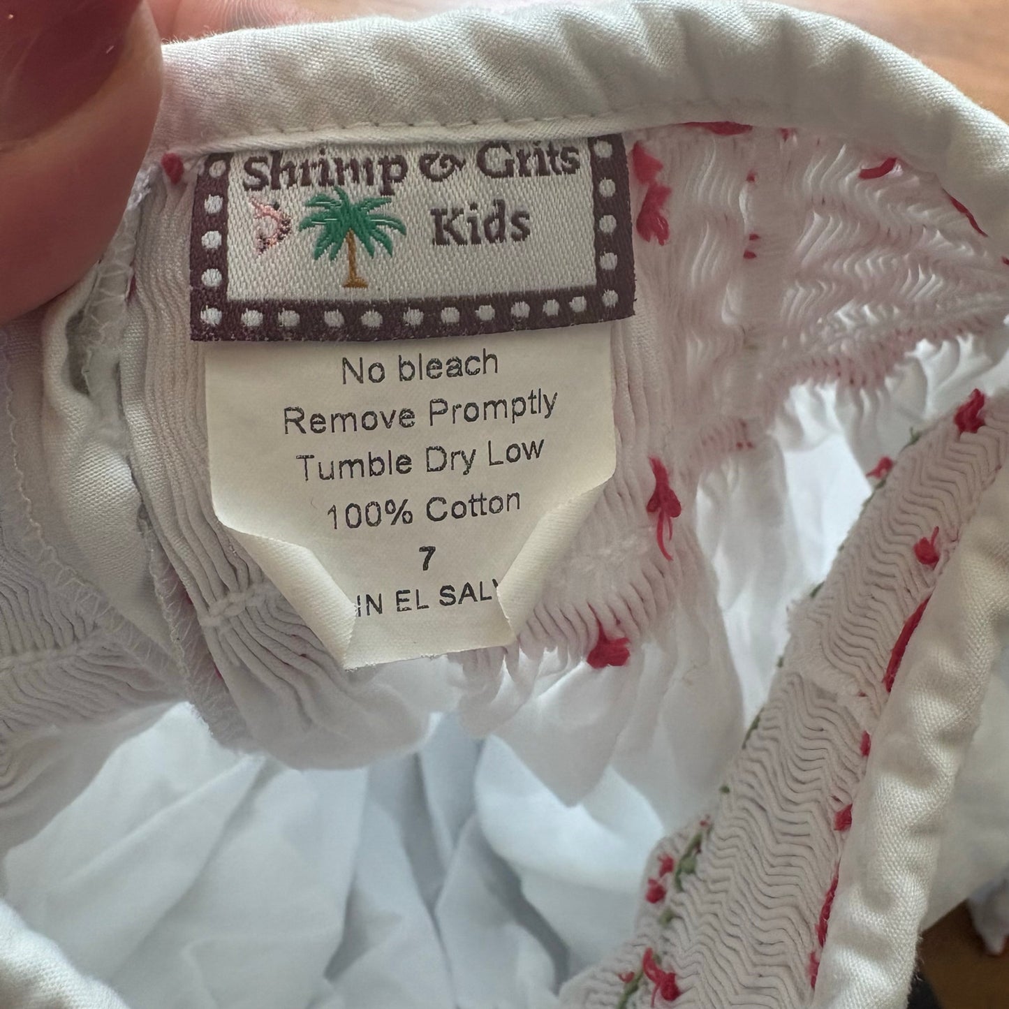 Shrimp & Grits Kids white cotton red smocked long sleeve shirt SIZE 7
