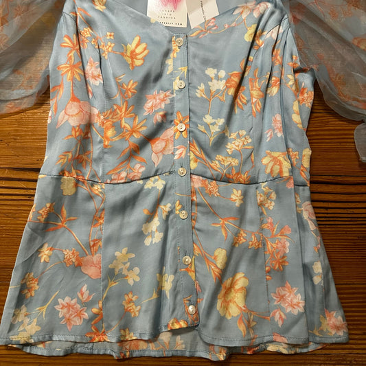 NWT French Connection pastel blue Diana Drape puff sheer sleeve top SIZE 4