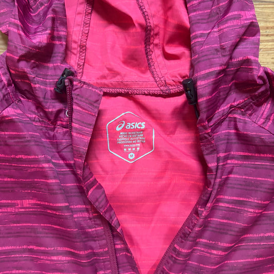 Asics pink hooded full zip womens athletic windbreaker jacket SIZE M