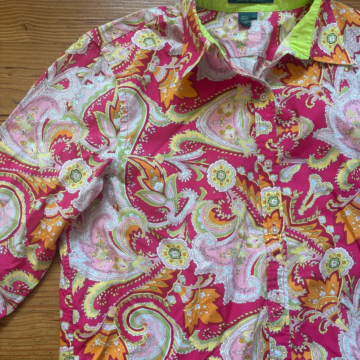 Ralph Lauren red pink paisley quarter sleeve button up womens shirt SIZE L