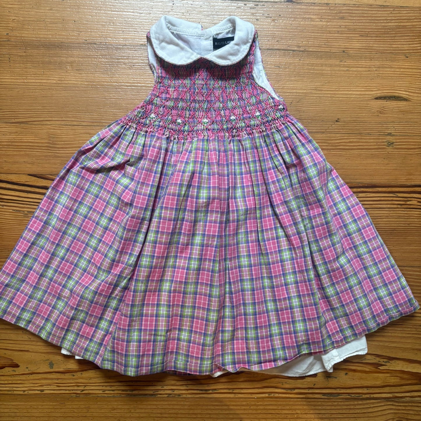 Ralph Lauren pink plaid sleeveless collar smocked girls dress SIZE 2T