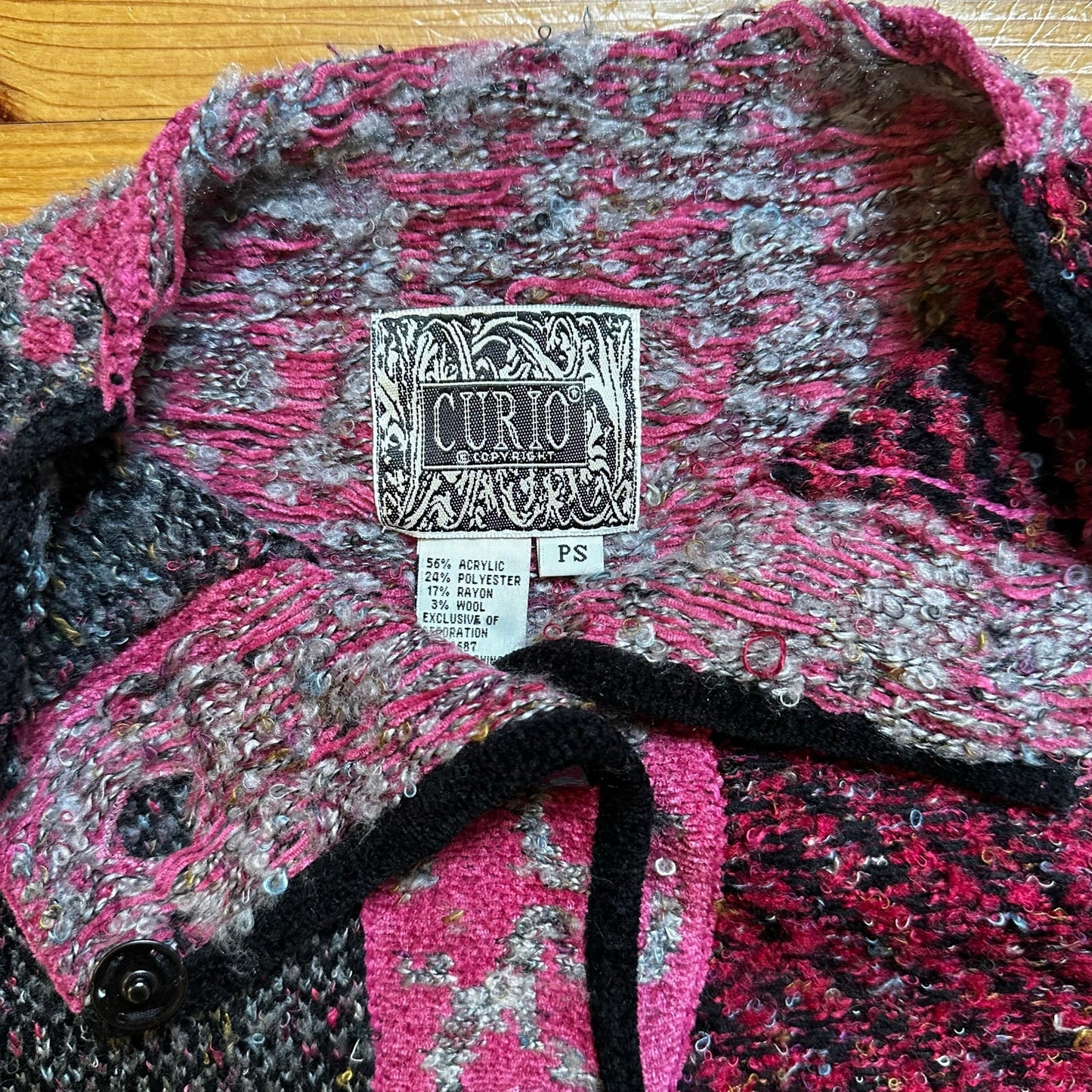 Curio vintage pink black oversized patchwork mock neck cardigan sweater SIZE S
