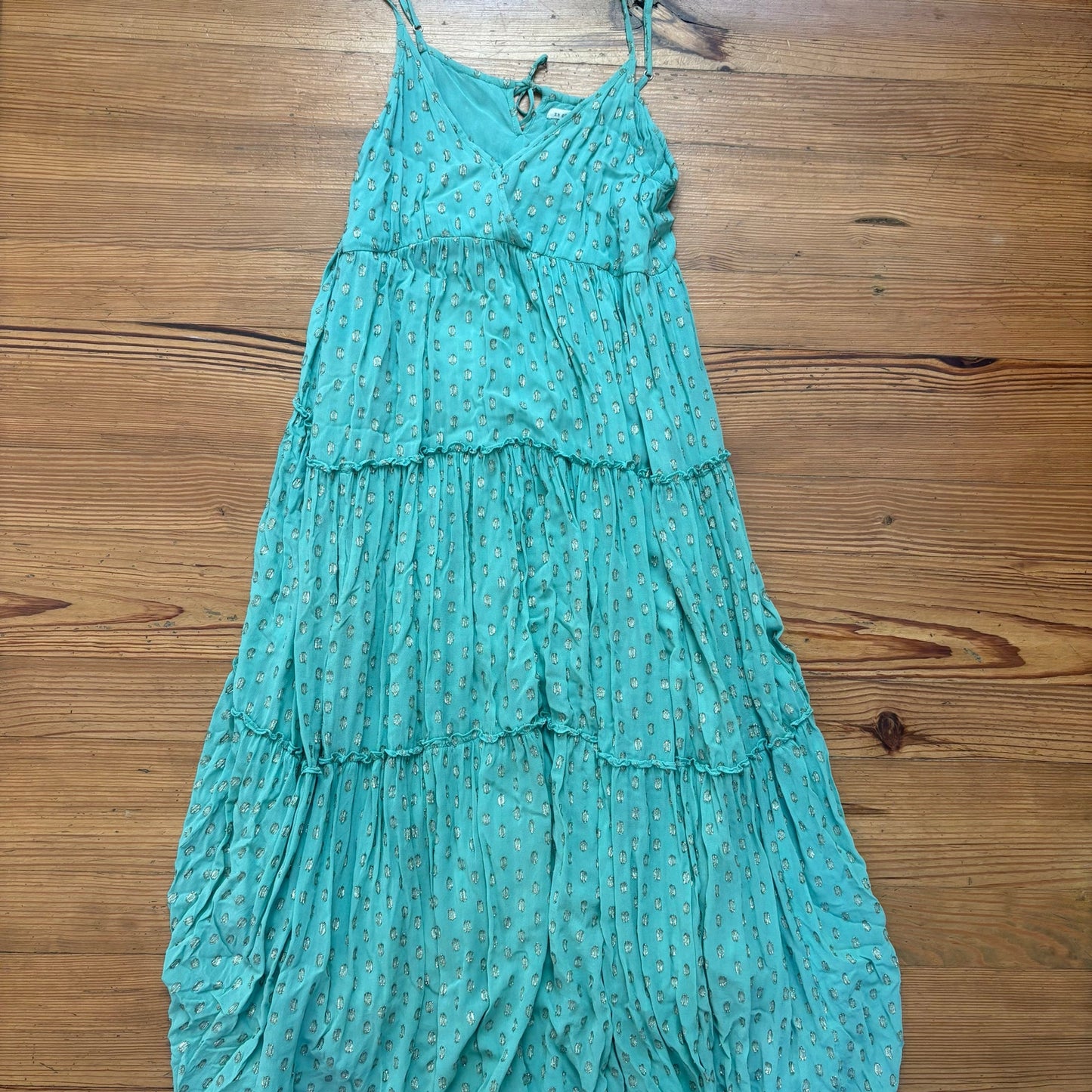 En Creme mint green gold polka dot plunge neckline maxi dress SIZE M