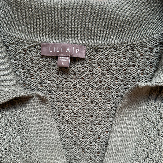 Lilla P olive green loose knit long sleeve polo sweater SIZE L
