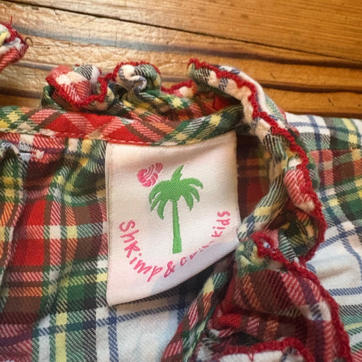 Shrimp & Grits red white checkered holiday long sleeve smocked girls top SIZE 5