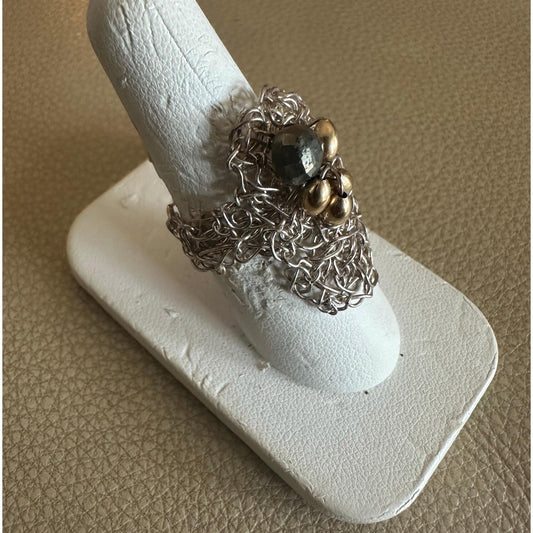 Crochet Fine Silver Wire Ring with Gold Beads and a Hematite Faceted Bead Size 7