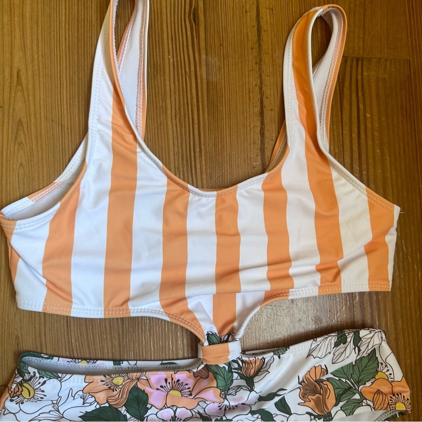 Shein striped orange floral cut out one piece SIZE S