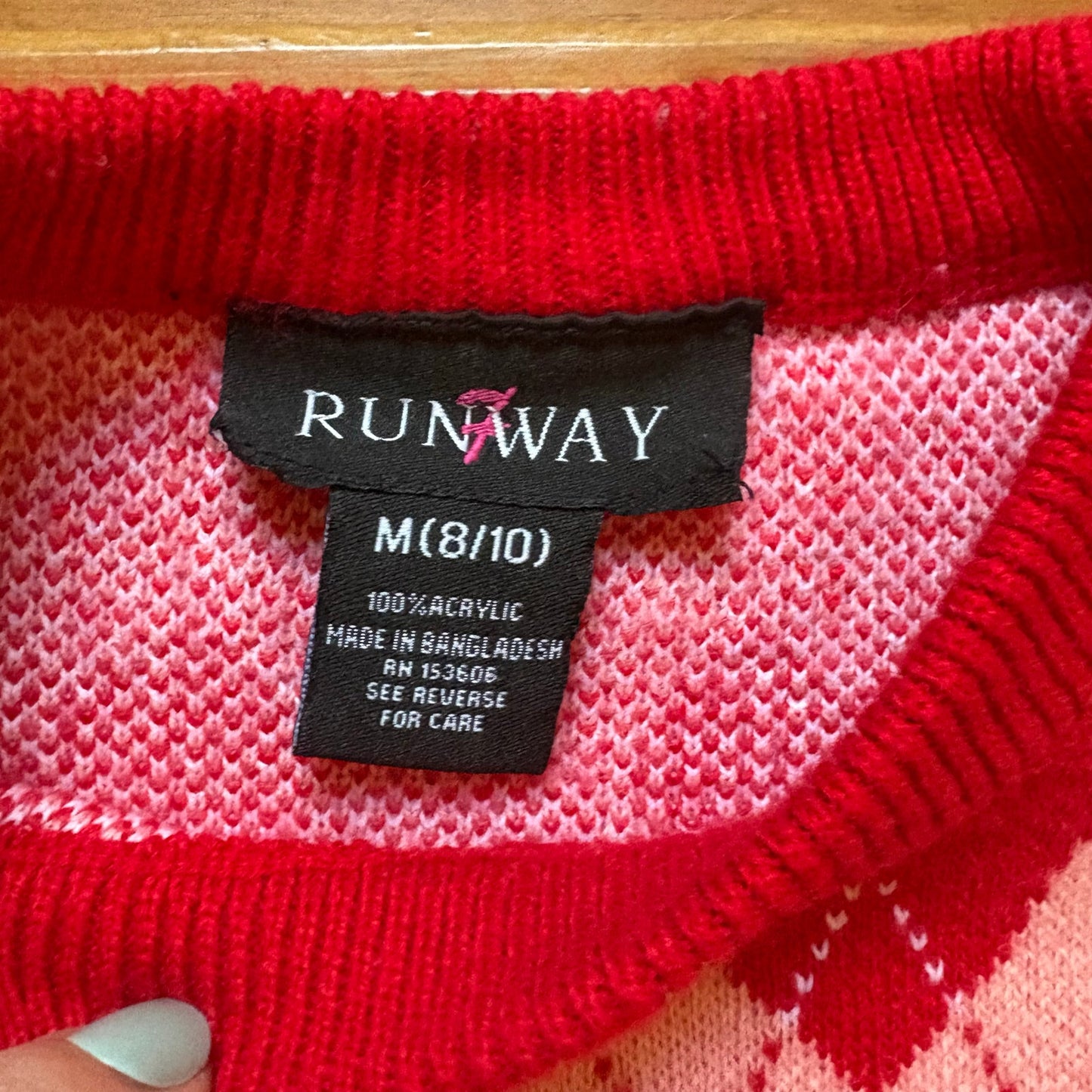 Runway red pink argyle heart knit short ruffle sleeve girls sweater SIZE 8