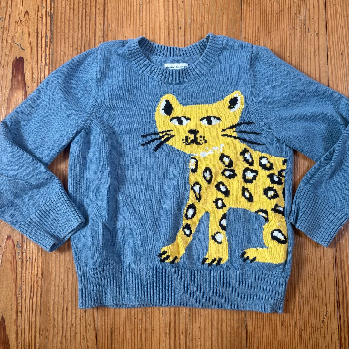 Amazon Essentials blue yellow jaguar graphic knit toddler crew sweater SIZE 4-5