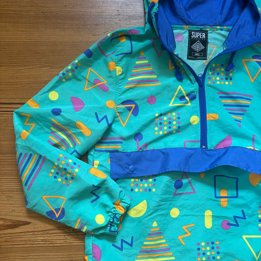 Massive 90s green teal blue shapes hooded pullover adult jacket SIZE S