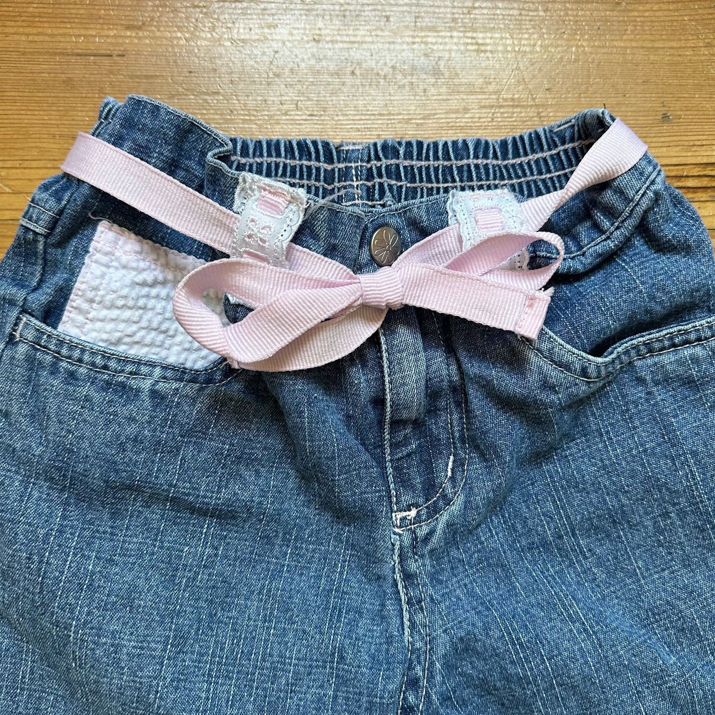 Bunny Business vintage pink lace seersucker medium wash wide leg jeans SIZE 6
