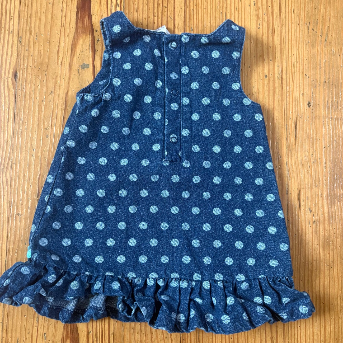 Baby Essentials 90s jean owl sleeveless ruffle bottom baby dress SIZE 9M