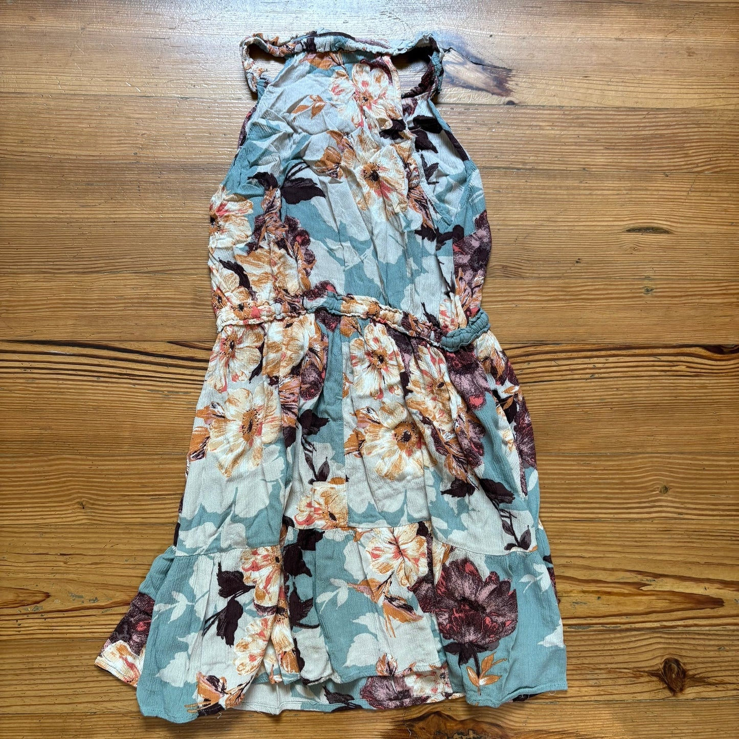 Band of Gypsies blue yellow floral boho ruffle sleeveless dress SIZE L
