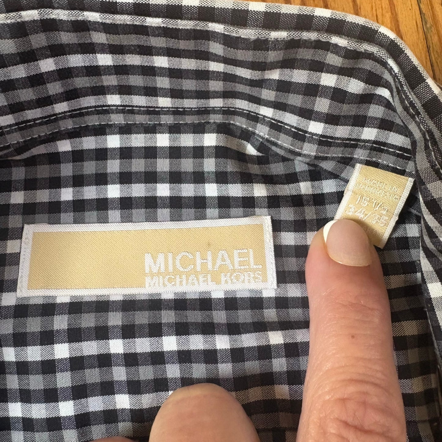 Michael Kors black white check regular fit long sleeve button up shirt SIZE 15.5