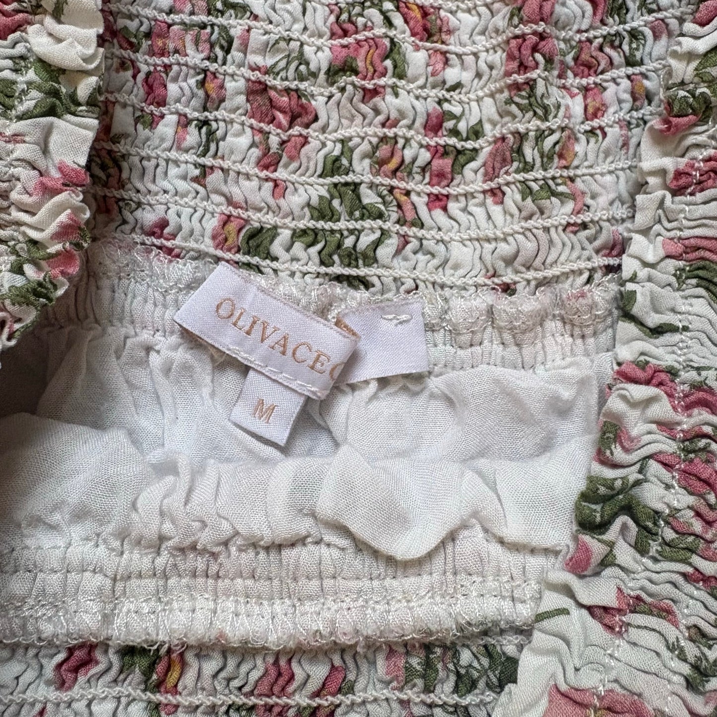Olivaceous white pink floral ruched smocked tiered ruffle strapless top SIZE M