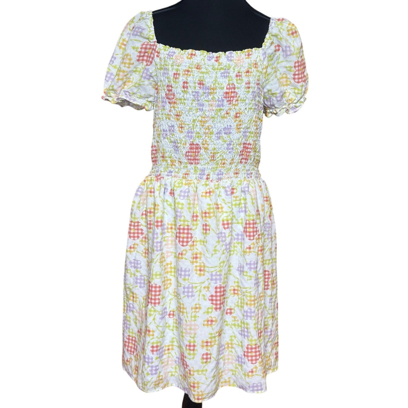 LOFT pastel floral smocked short sleeve puff sleeve midi dress SIZE L