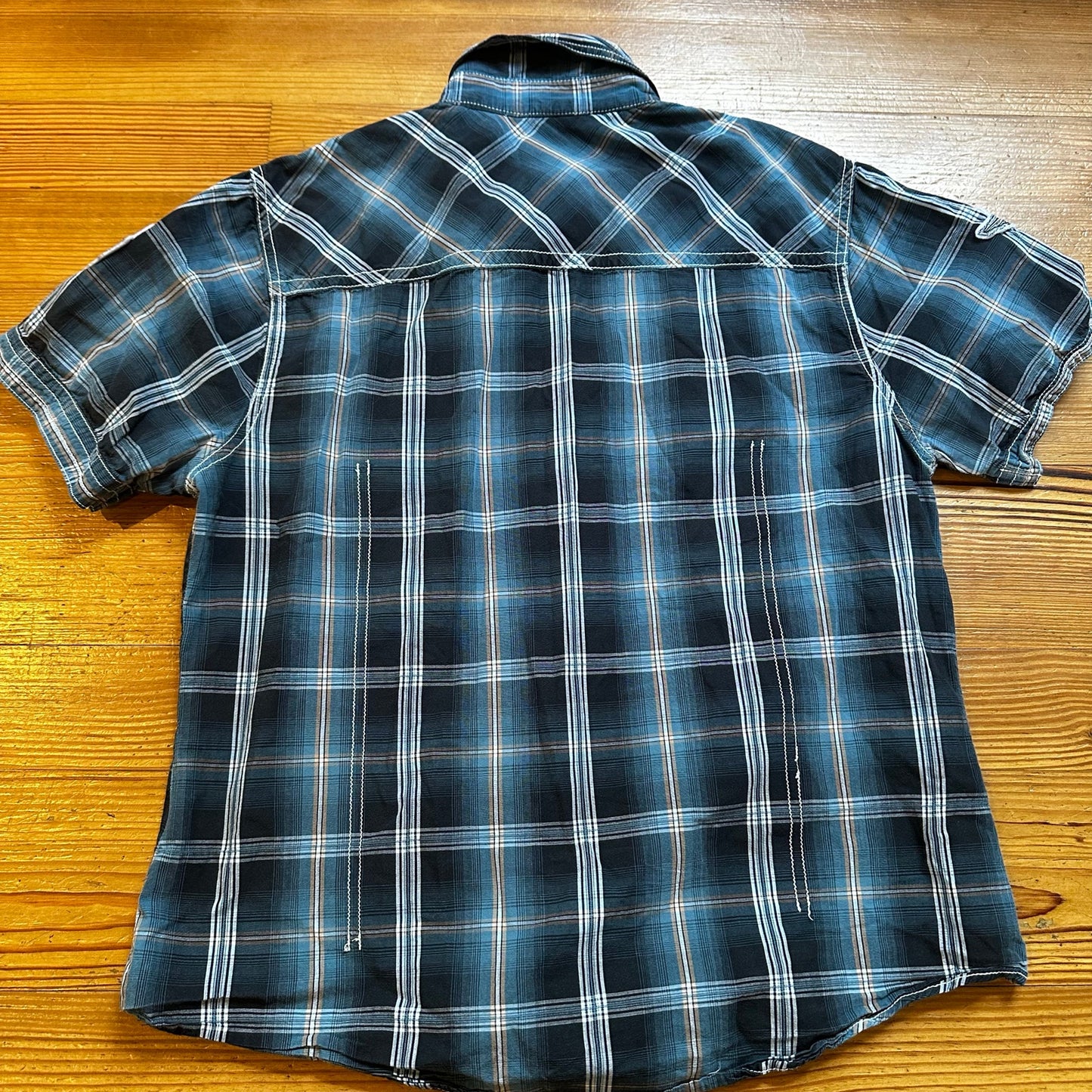 Harley Davidson blue plaid short sleeve snap collar shirt SIZE L